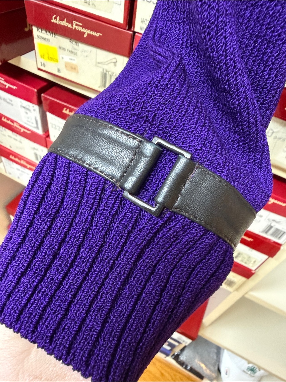St. John Collection Purple Knit Zip Jacket with Black Leather Trim - Picture 3 of 5